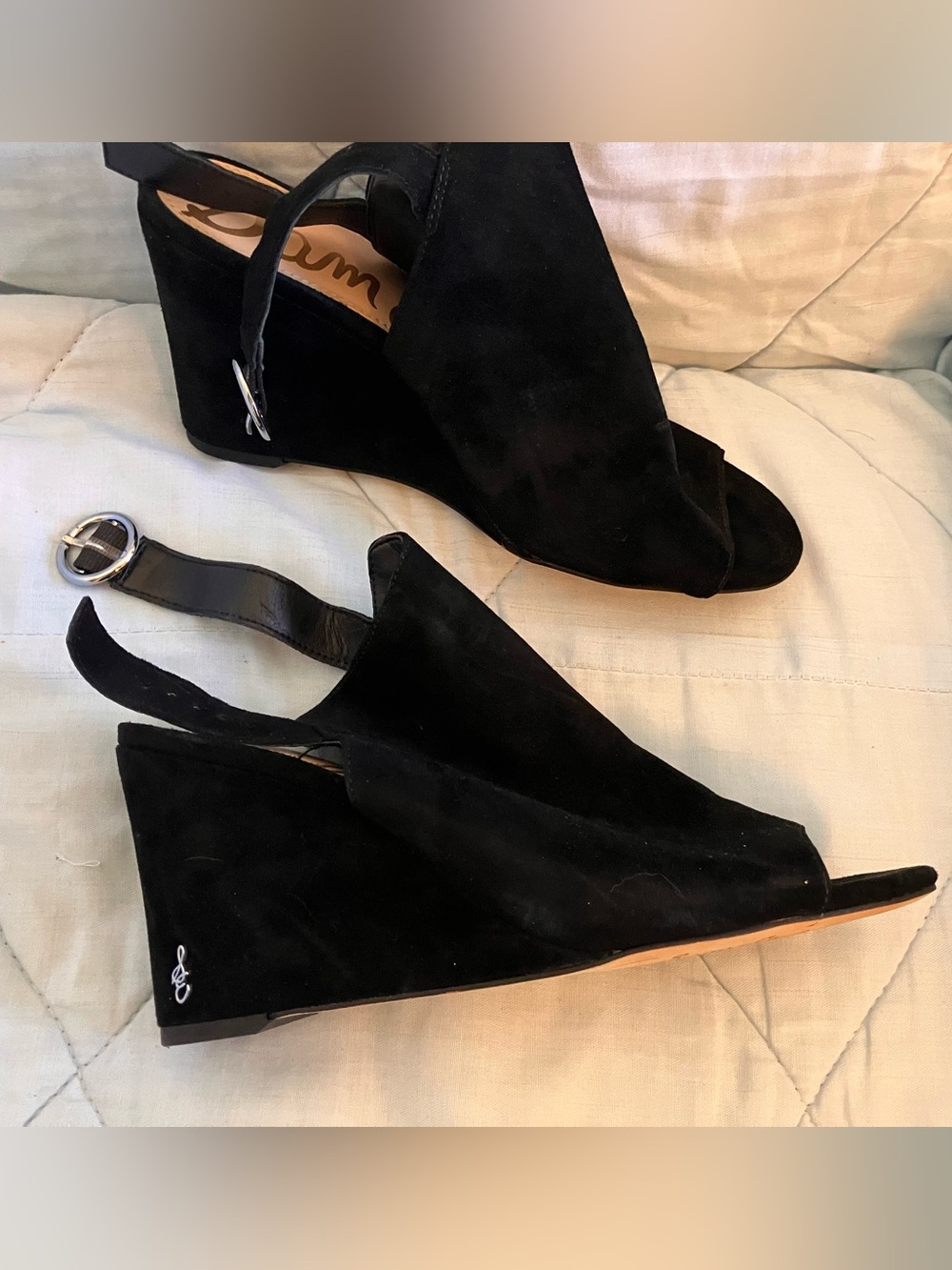 Sam Edelman Black Suede Peep-Toe Wedge Mules